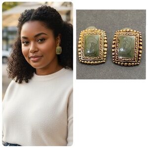 Vintage Style Green Stone Gold Frame Post Earrings Unknown Material Retro Chic